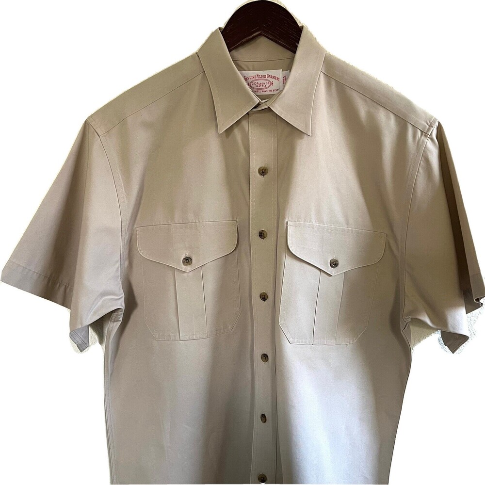 Vtg CC Filson Men's Safari Shirt Short Sleeve Button Up USA Made Size M Beige